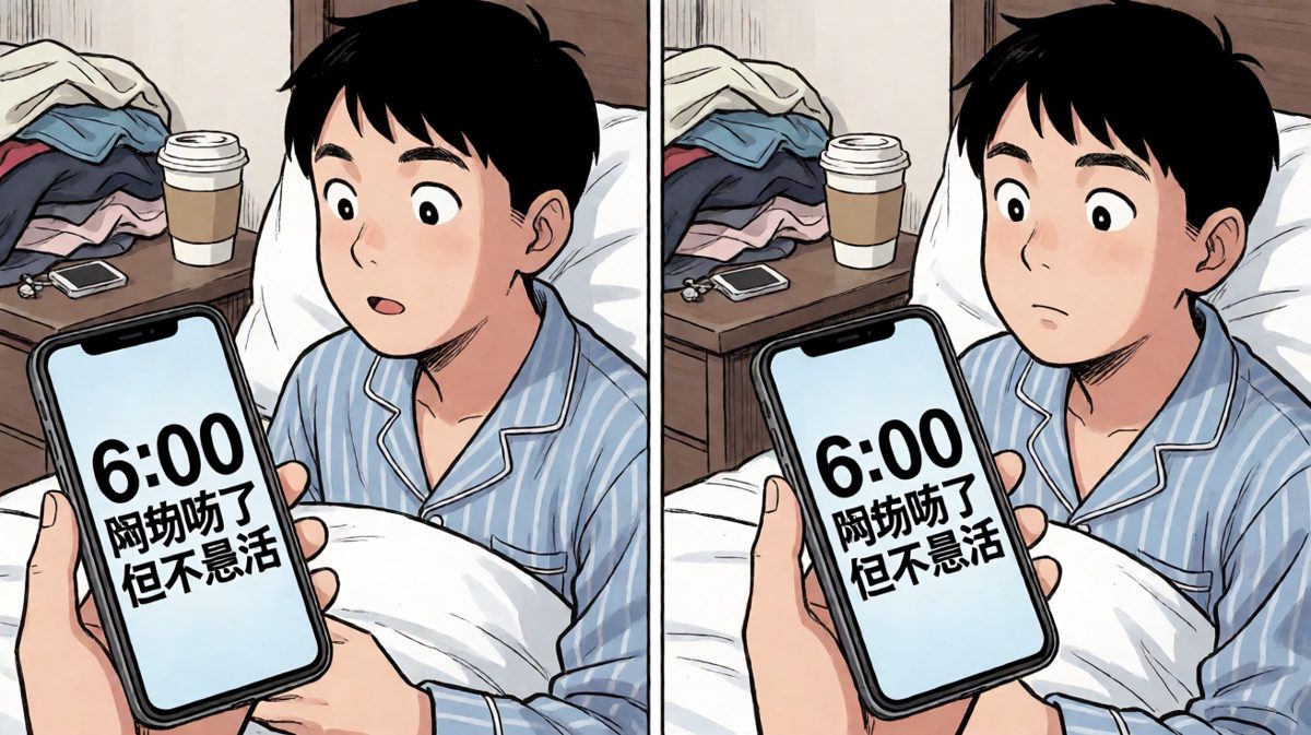 第一格：闹钟响起，面对周一的痛苦抉择