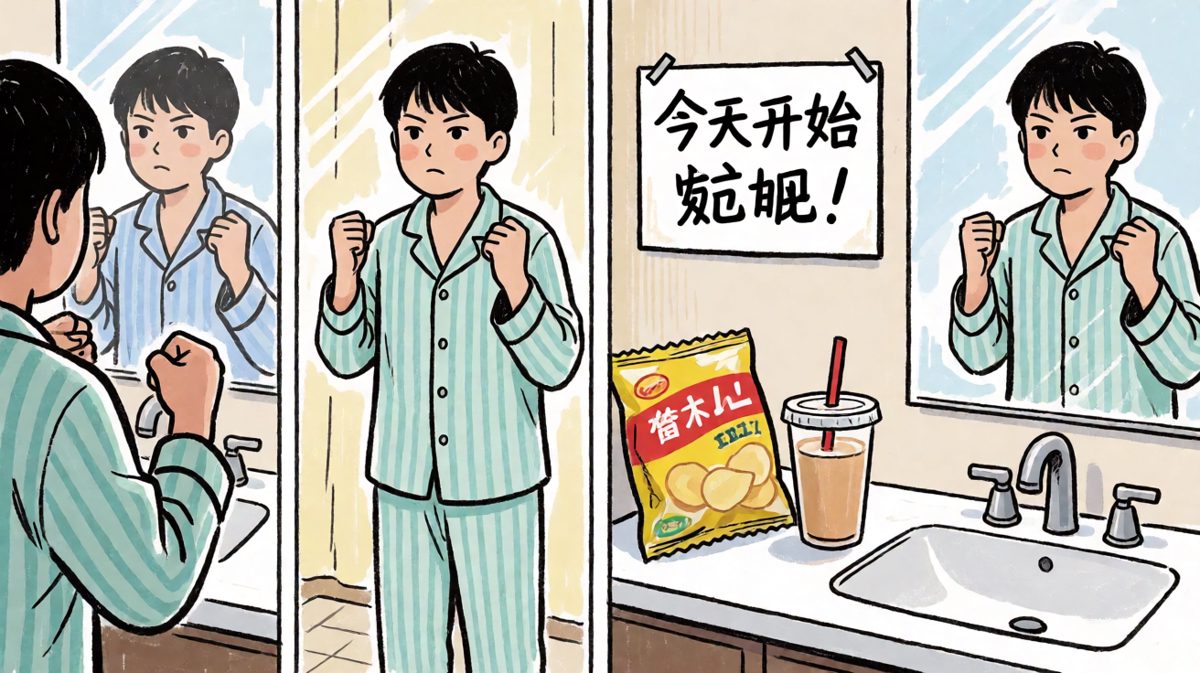主角对着镜子立下减肥誓言，气势十足。