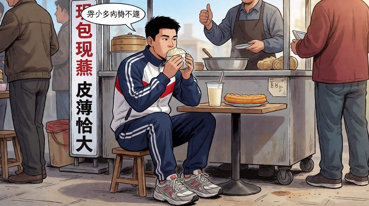 最后，主角一边吃包子一边安慰自己：吃够能量才能跑得动！