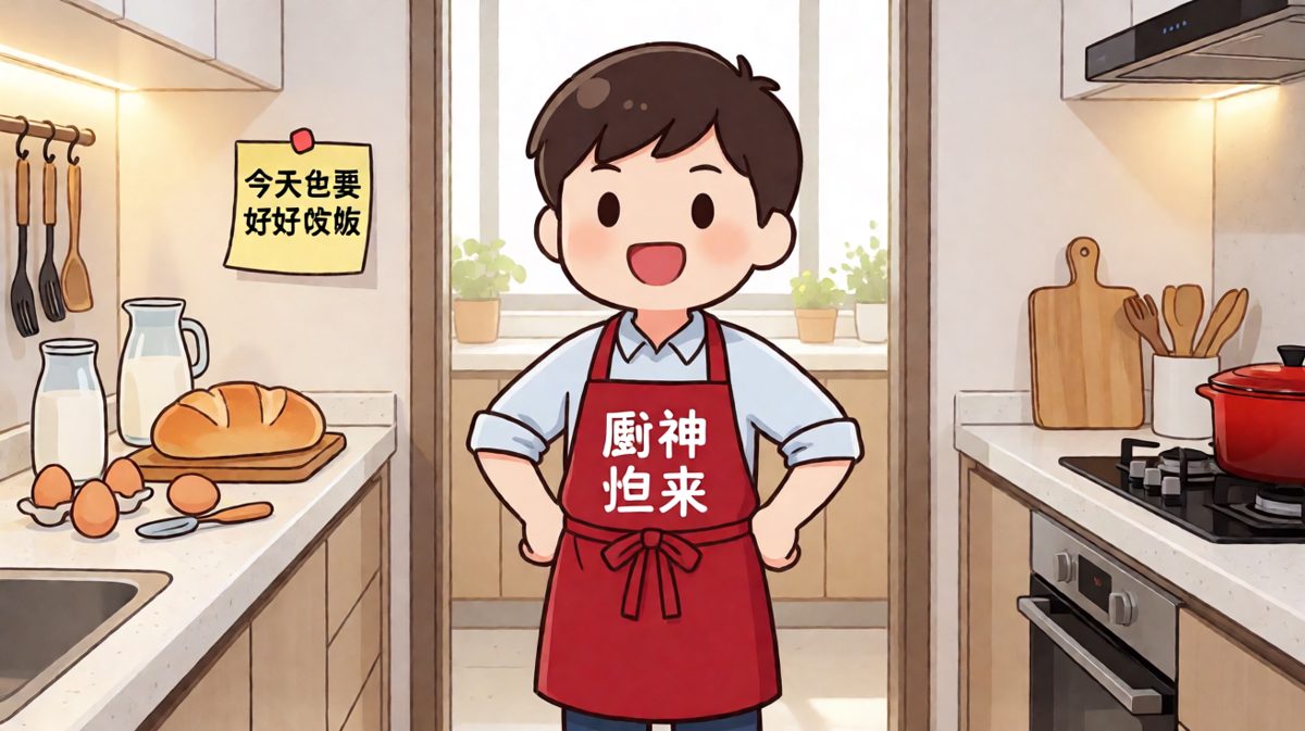 主角系上围裙，满怀信心地宣布今天要大展厨艺
