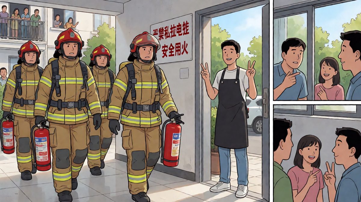 消防员赶到后，主角尴尬地比了个耶