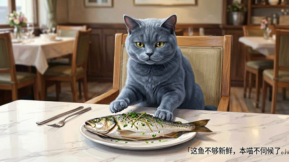 猫：你的款待让我失望，换鱼吧。