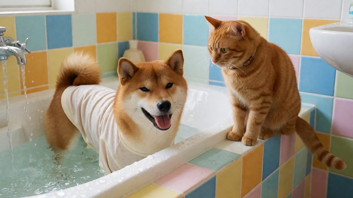 柴犬：洗澡是狗生最大的耻辱，猫主子你别看了！