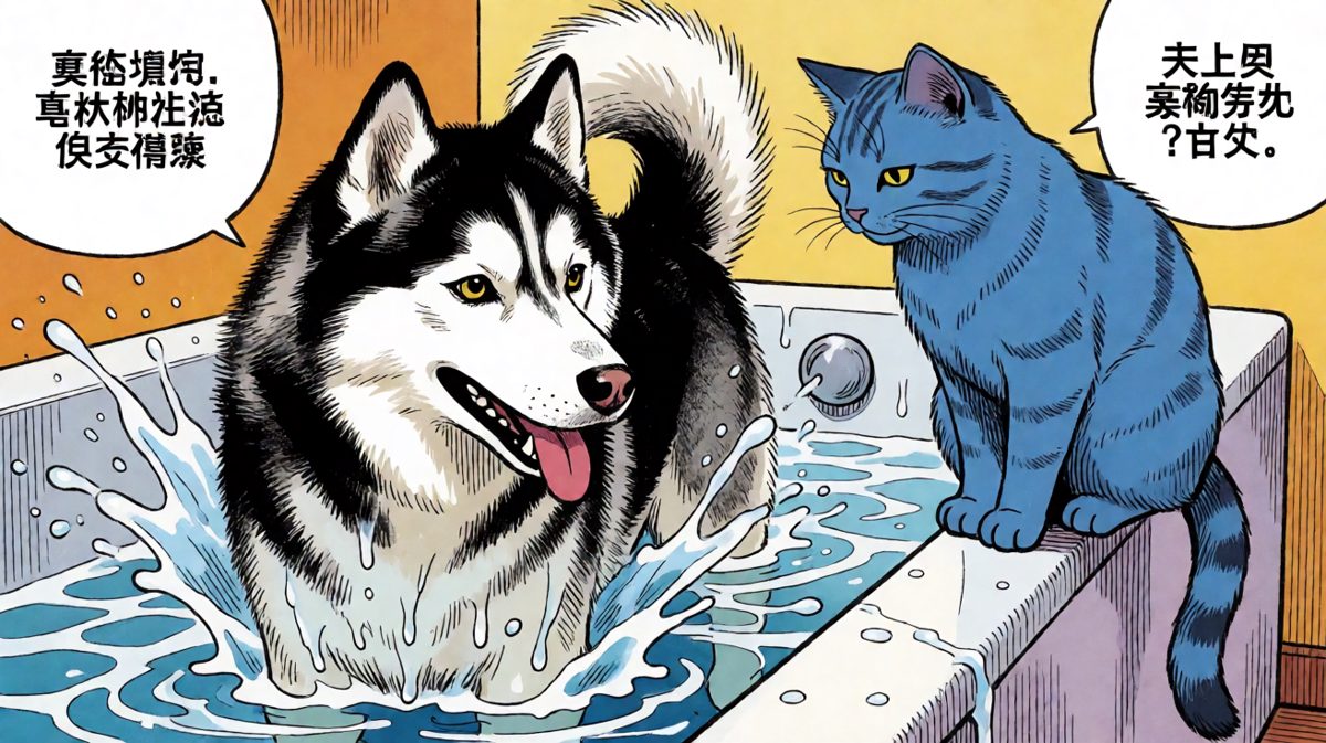 哈士奇：这水池有陷阱！蓝猫：你只是不会游泳而已。