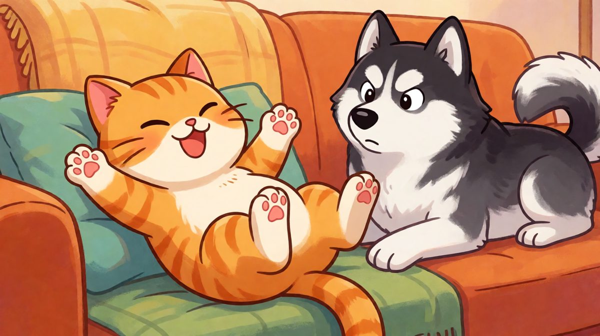 橘猫：这沙发是朕的龙床，你这土狗莫挨老子。