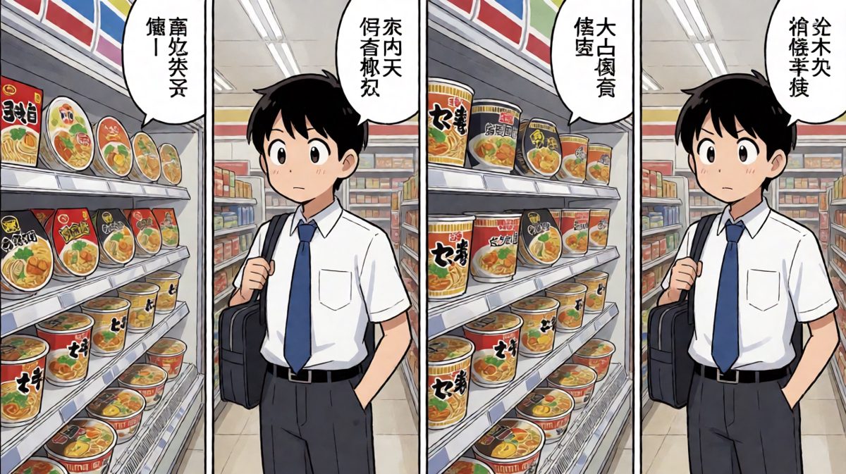 深夜加班后，小A冲进便利店买泡面，面对琳琅满目的选择陷入了'吃哪款'的终极难题。