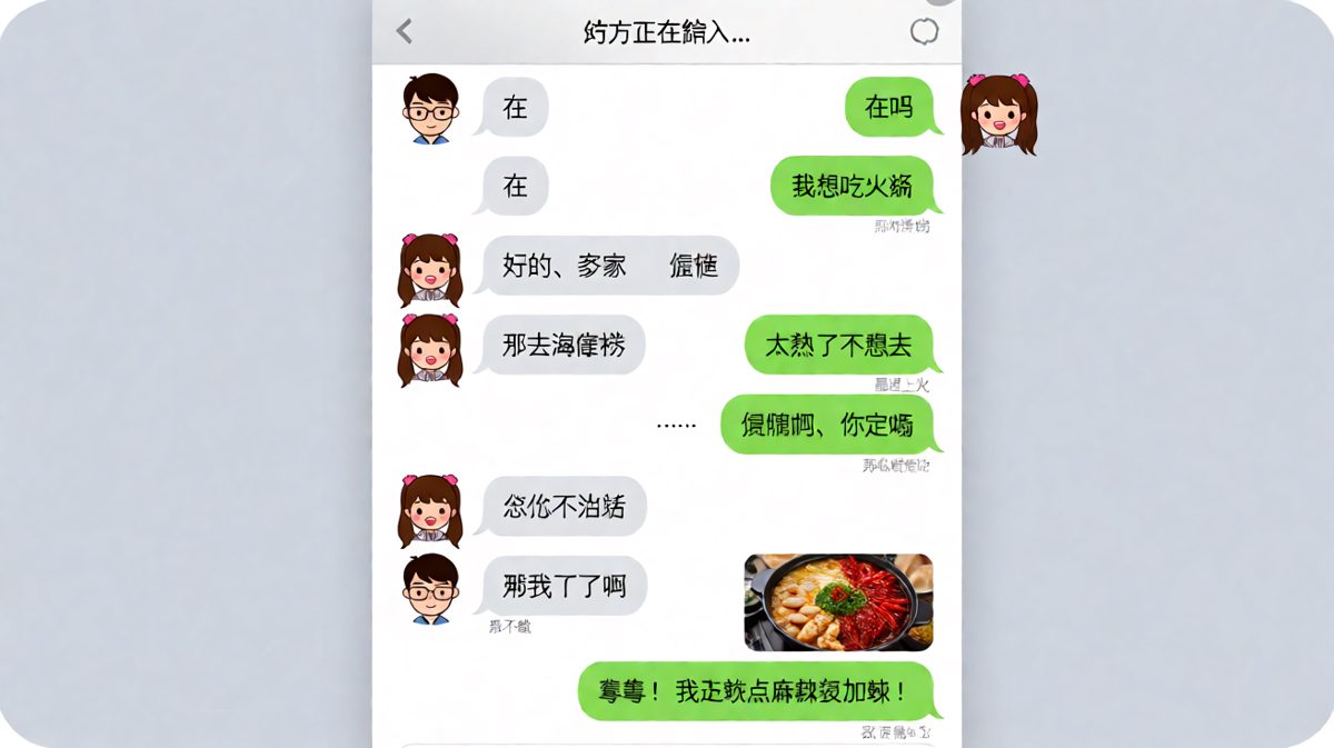 女生说'随便'却点了火锅，男生被迫改口要加辣麻辣烫的反转对话。