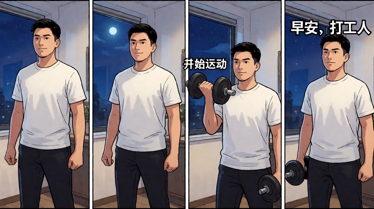 第二格：成功了！凌晨五点起床，精神满满准备锻炼。
