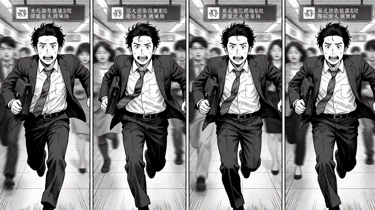 第三格：完了要迟到了！一路狂奔冲进地铁站。
