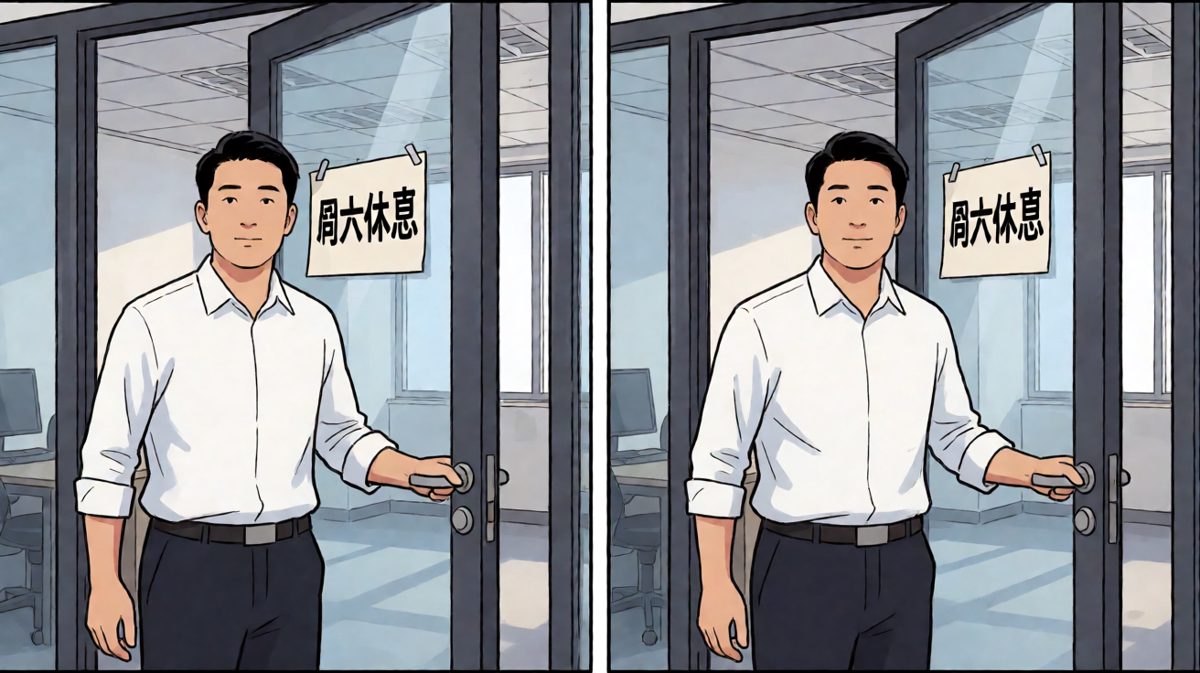 第四格：冲到公司发现……今天是周六，白忙活了！