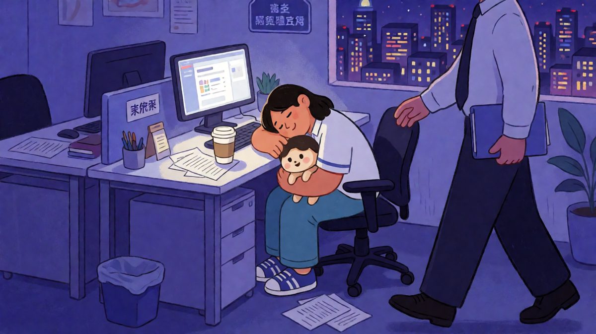 老板：'你怎么还在公司？' 员工（惊醒）：'我在加班！' 老板：'这是你第3次睡着了，而且你怀里抱的是什么？' 员工：'我的精神支柱——小黄鸭。'