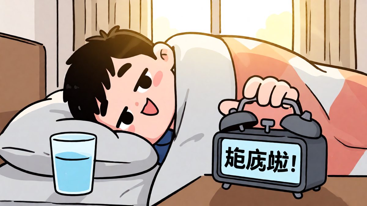 闹钟响起，本能按掉继续睡。