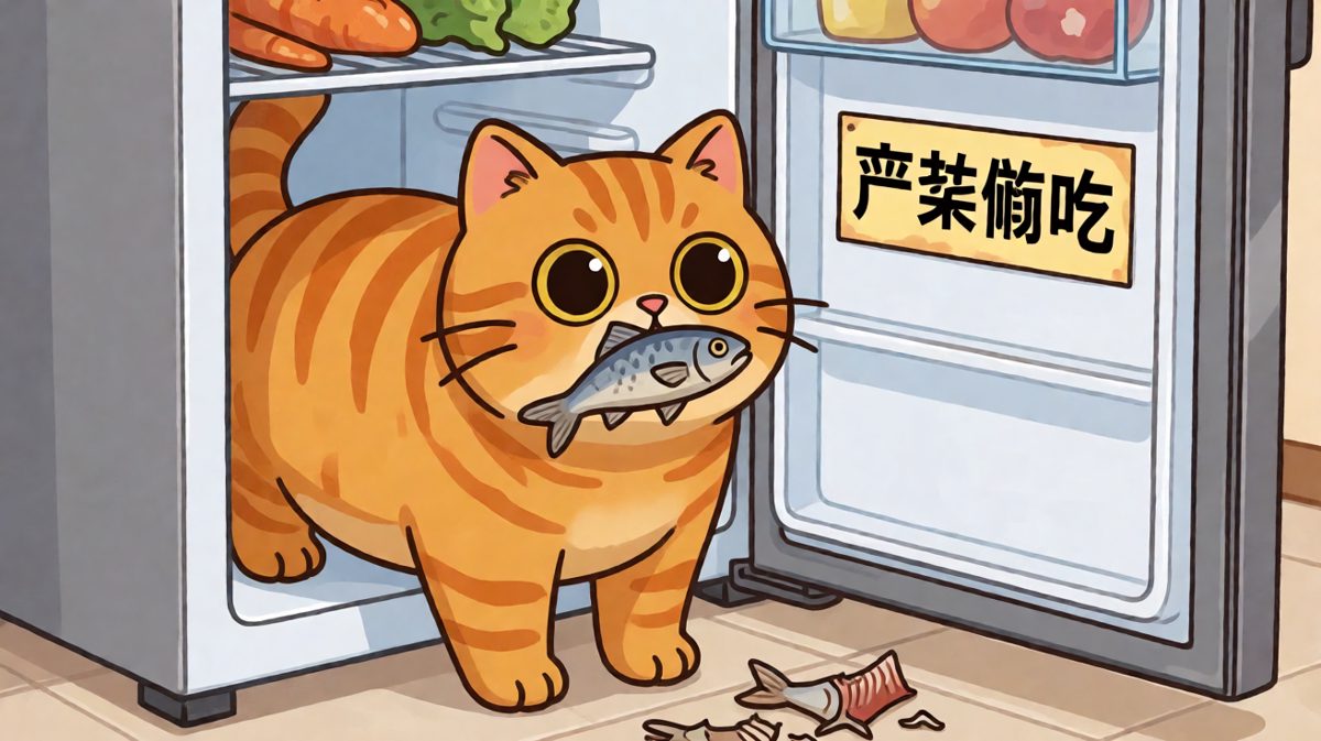橘猫偷吃冰箱里的鱼，被发现后假装什么都没发生。