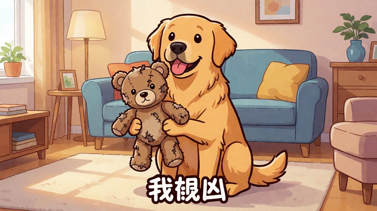 金毛抱着玩具熊假装凶狠，其实内心慌得一批。
