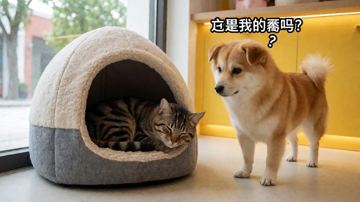 猫咪霸占了狗窝，狗狗站在外面怀疑狗生。