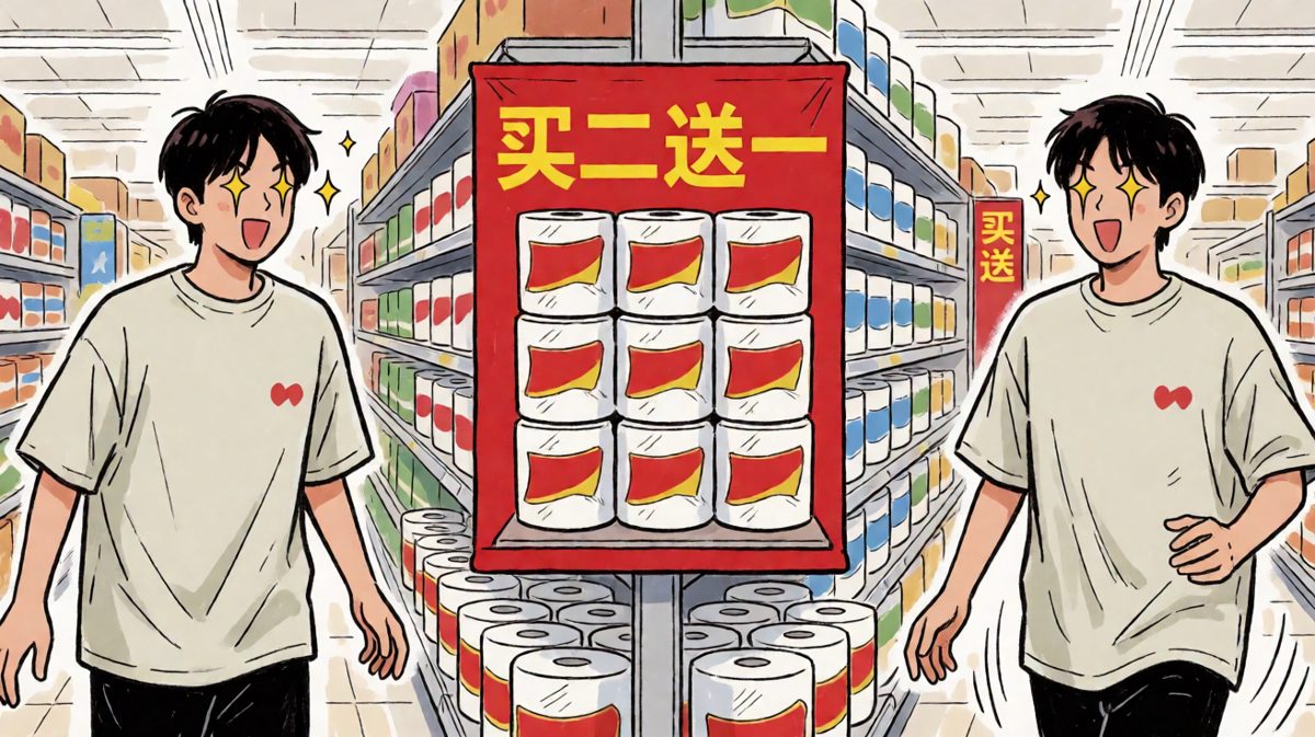 主角在超市撞见卫生纸买二送一，瞬间两眼放光