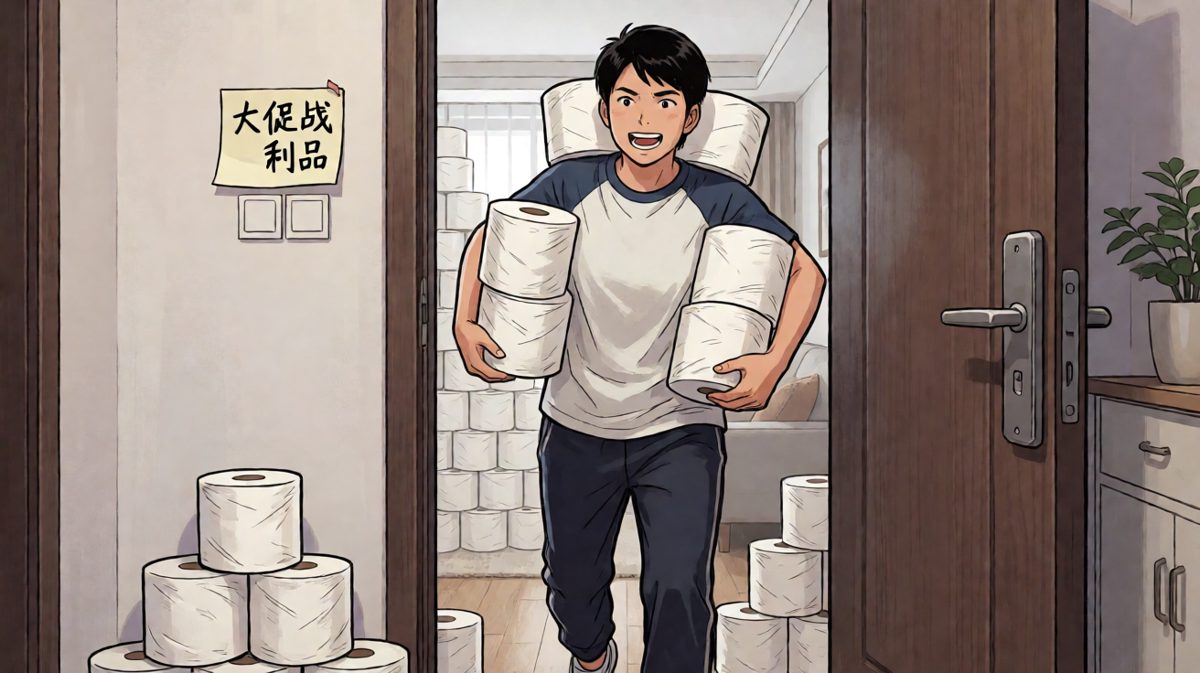 主角扛着海量卫生纸艰难搬进家门