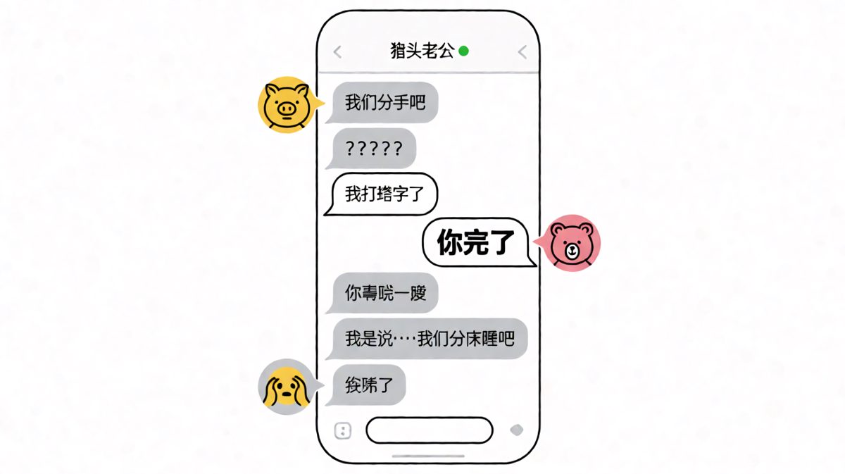 以为是绝情分手信，结果只是打错了一个字——'分床睡'。