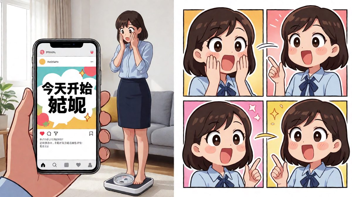 主角看着体重秤上的数字，下定决心要减肥。