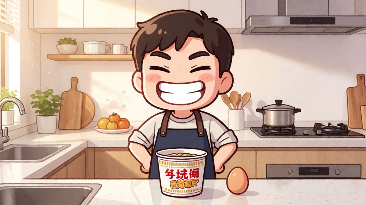 主角自信满满：今天泡面加蛋，完美早餐！
