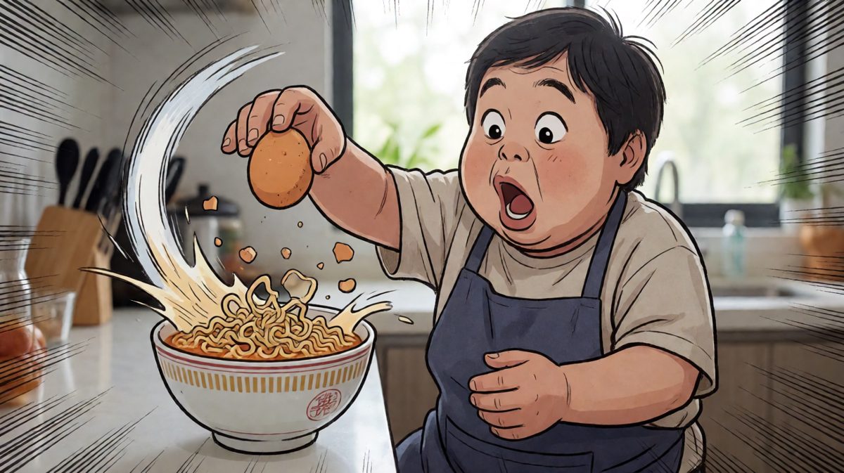 手一抖，蛋连壳一起掉进去了……