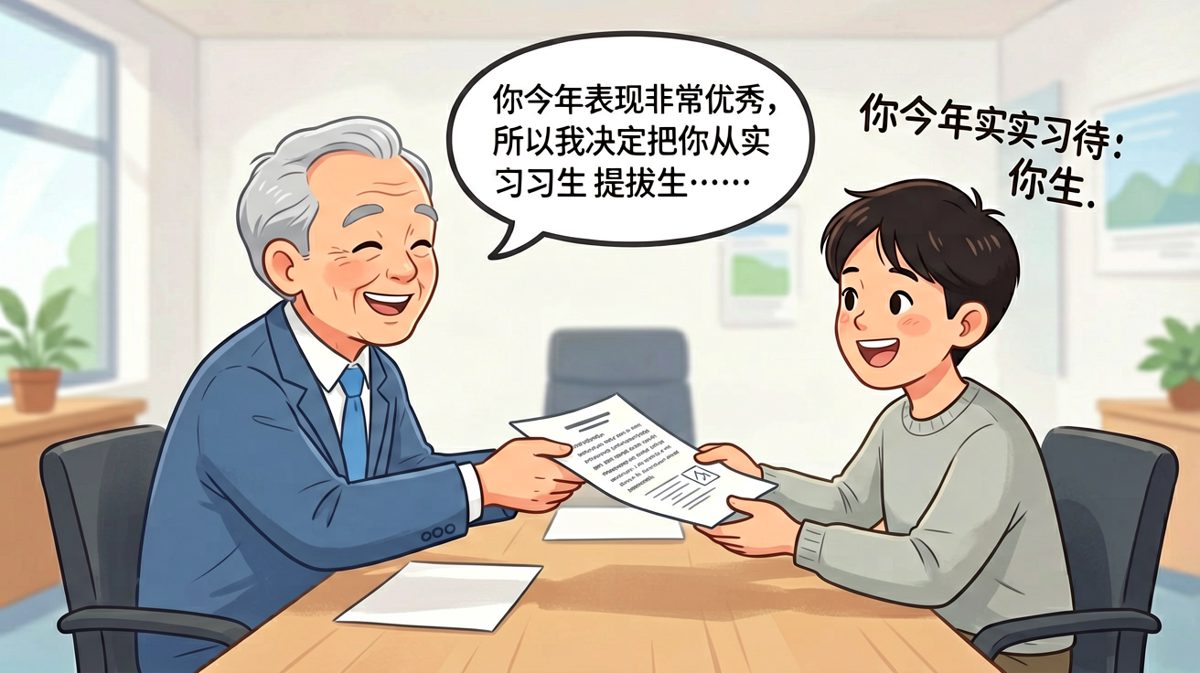 升职了，但还是没涨工资，只是身份从"临时工"变成了"正式临时工"。