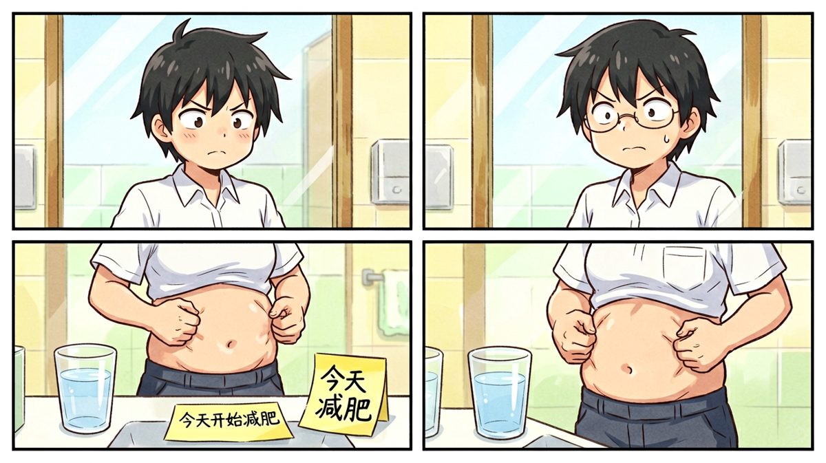 主角立下减肥誓言，信誓旦旦地看着镜子里的自己。