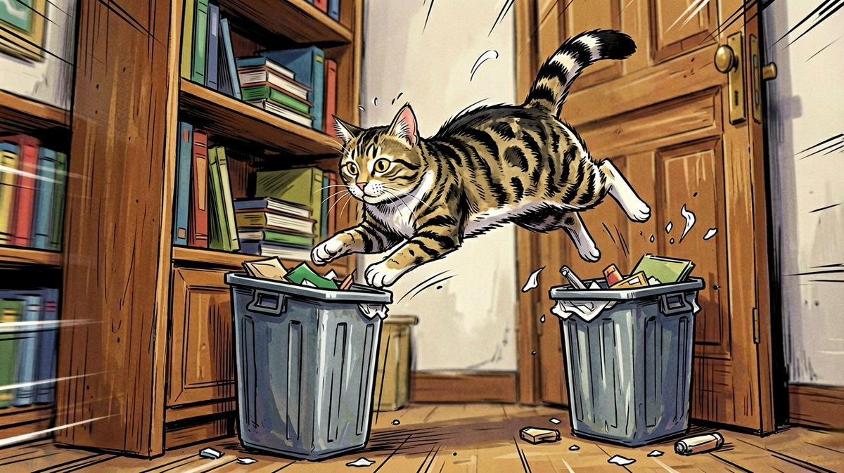 猫咪：本喵只是想来个自由落体，没说要跳垃圾桶啊！