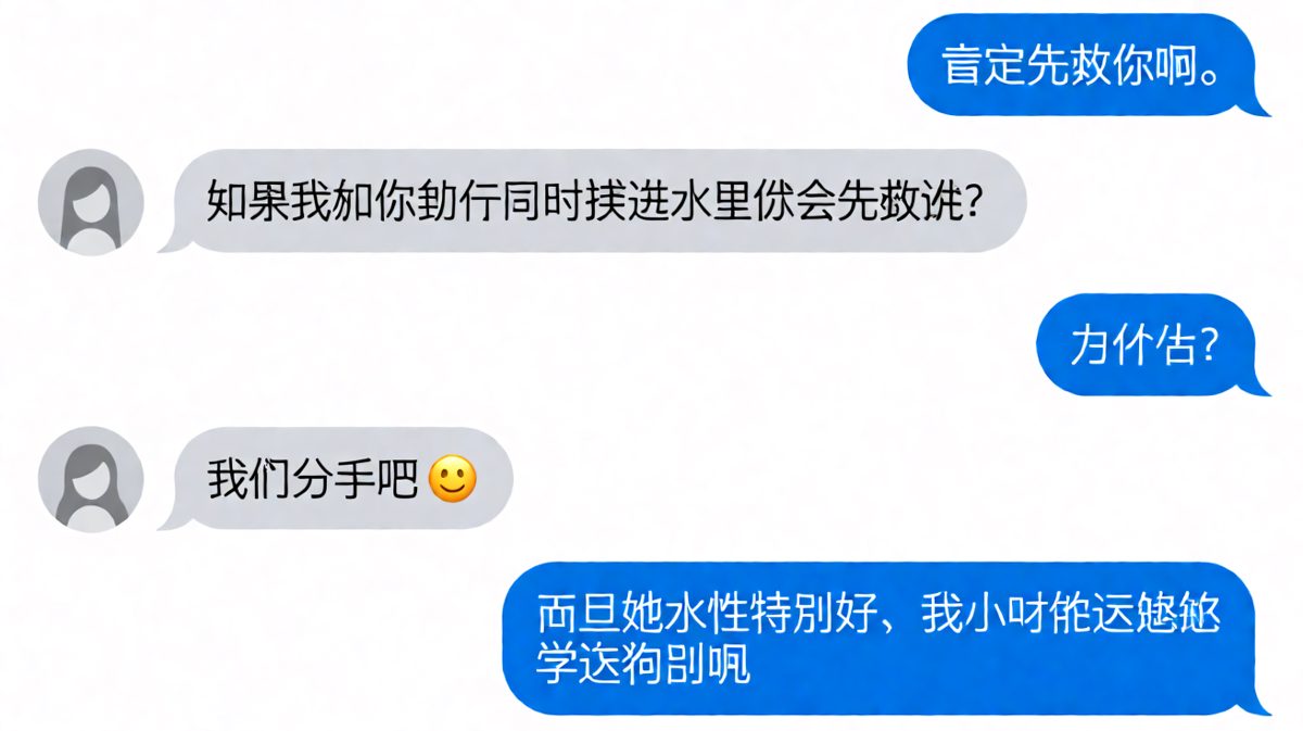 男生自信回答先救女友，结果补刀说她前任会游泳，还跟他学过狗刨，直接触发分手。