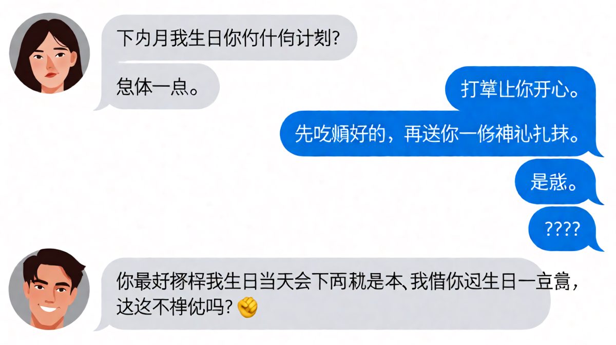男生说生日礼物是「他本人」，女生冷笑说最好祈祷当天会下雨——暗示会让他淋成落汤鸡。