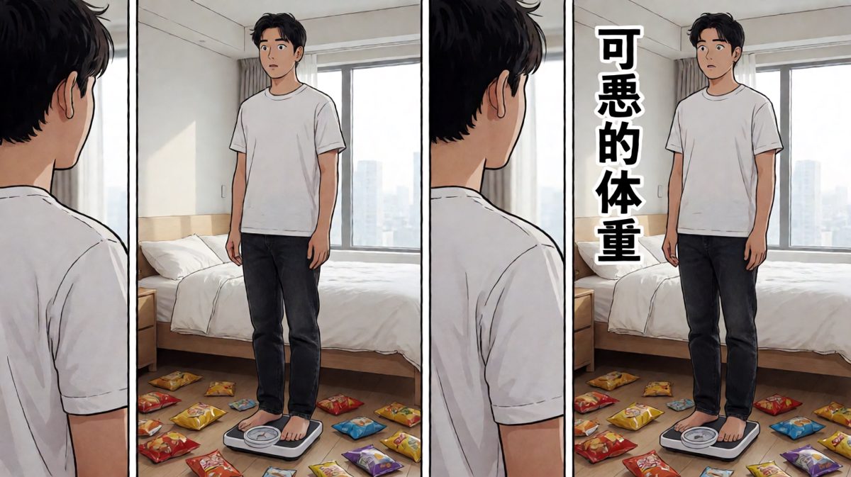 看到体重秤上的数字，他暗下决心：从今天开始减肥！