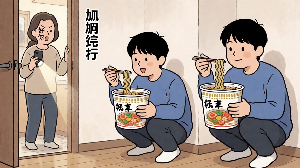 偷偷夜宵被妈妈抓到，社死现场！
