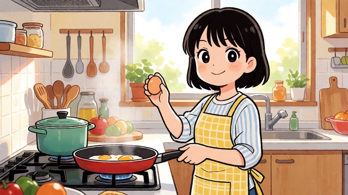主角信心满满准备做早餐煎蛋