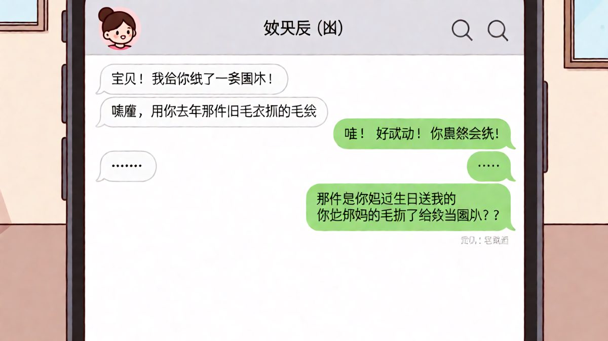 他以为是旧毛衣，其实是婆婆的生日礼物，一条围巾直接裂开。