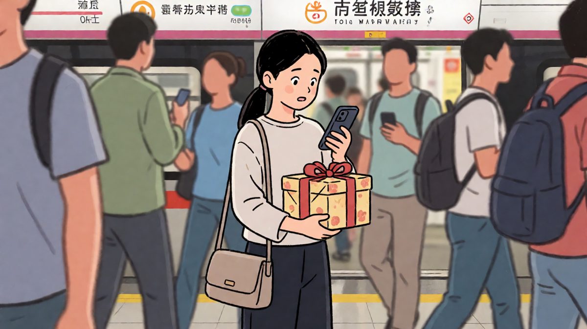 女孩攥着礼物紧张等待早高峰地铁