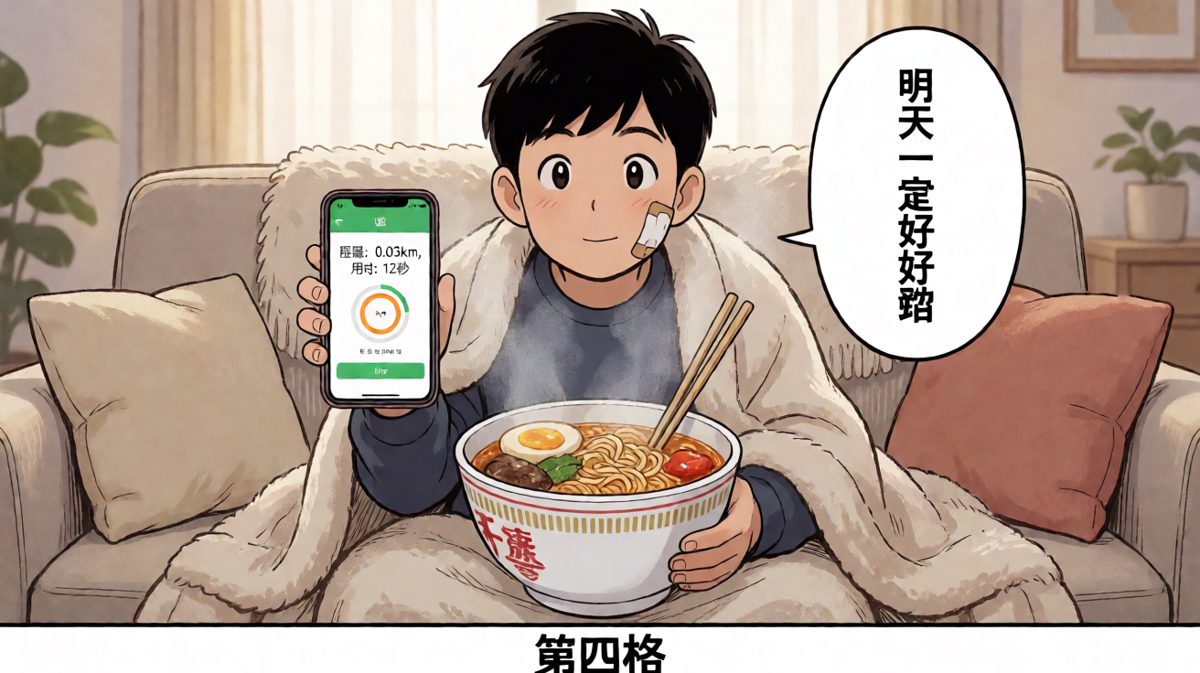 晨跑虽晚，泡面很暖，明天一定行！
