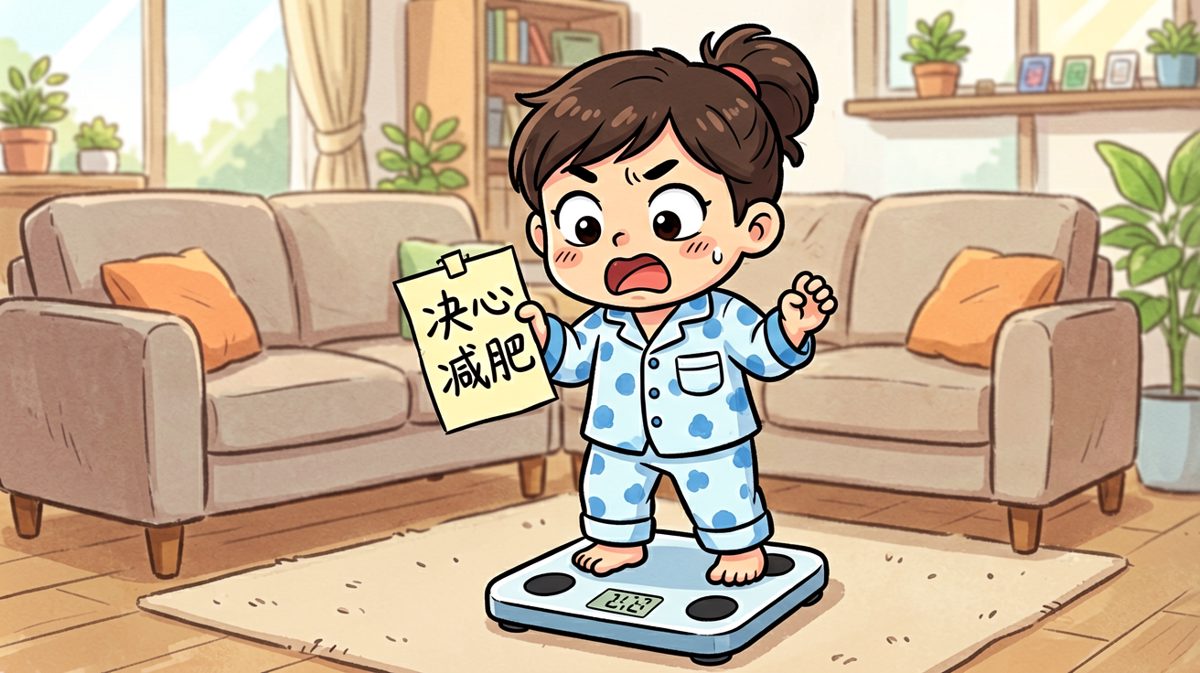 看到体重数字后，他下定决心减肥。