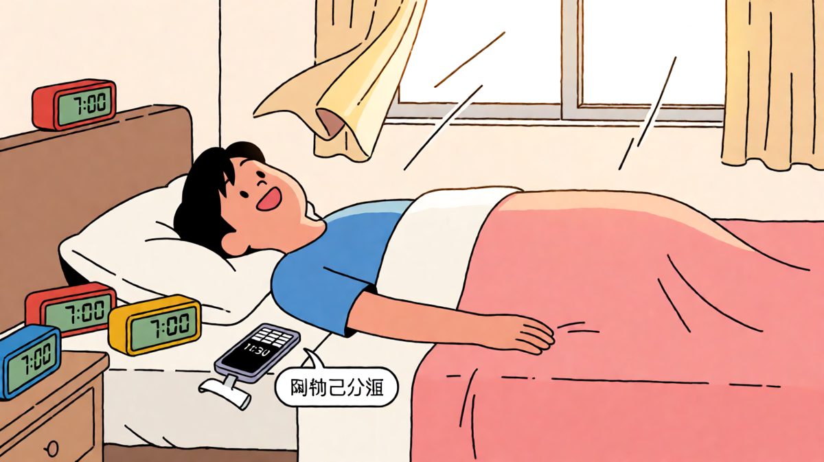 主角睡过头，闹钟集体罢工