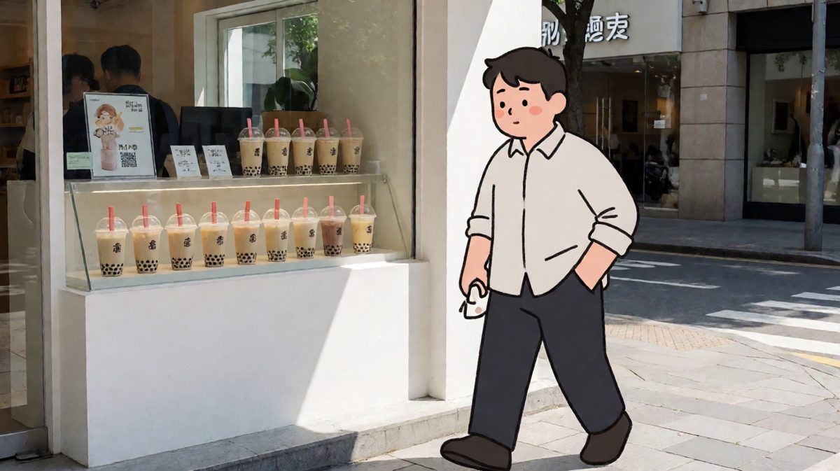 第二格：路过奶茶店，内心天人交战！