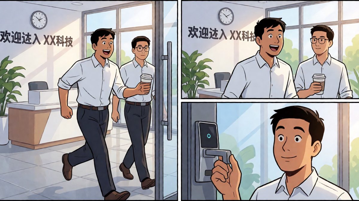 阿杰狂奔到公司门口，只差两分钟就要迟到了