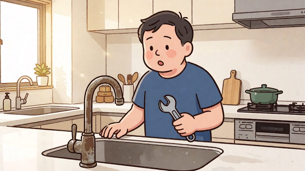 第一格：水龙头漏水，主人自信满满准备自己动手