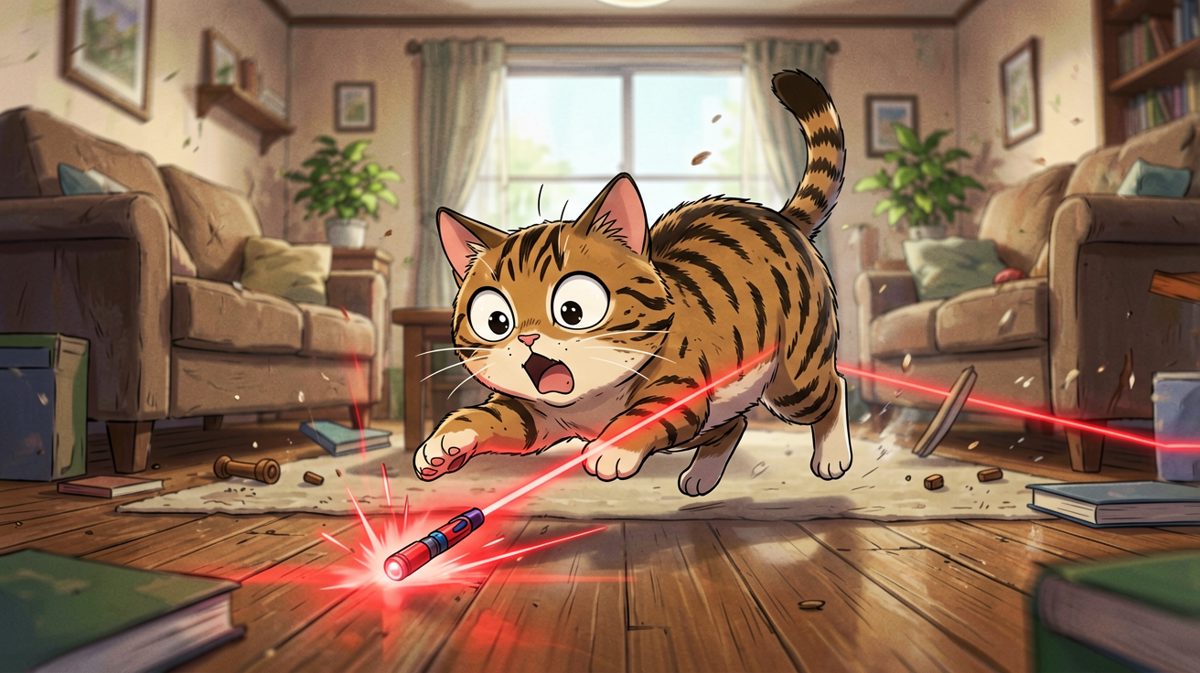 猫：抓到你了小小红点！……等等它又跑了