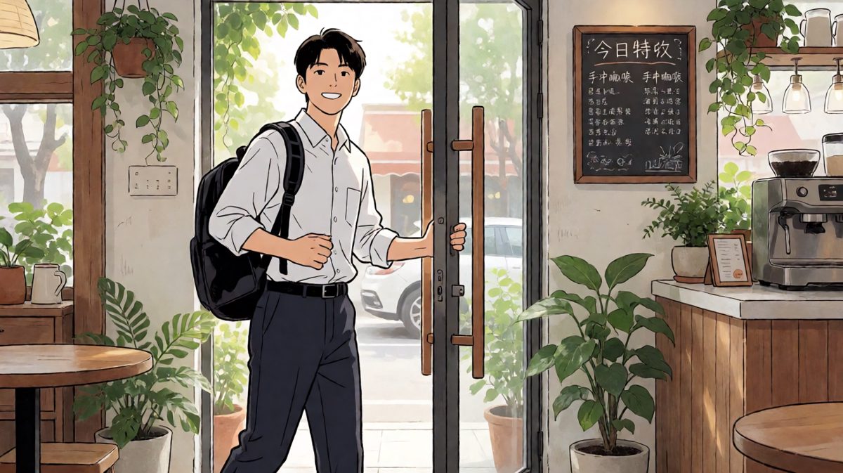 主角自信满满走进咖啡店，准备享受一杯美好咖啡。