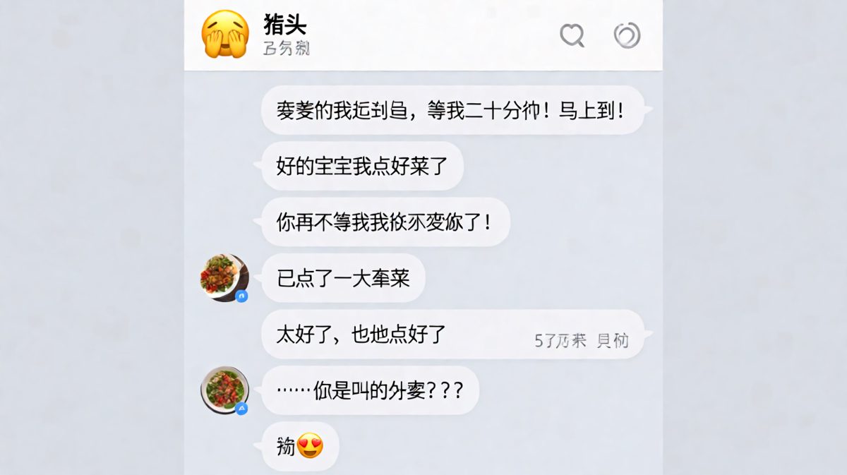 女生假装迟到等男友接，实际是叫了外卖在对面楼下等着，男友被耍得团团转
