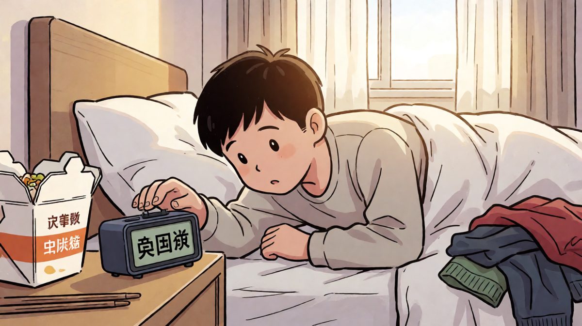 闹钟响了，主人公选择关掉继续睡