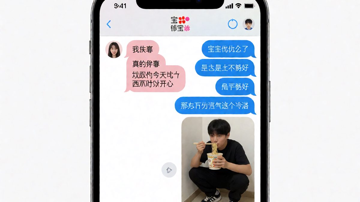 女生说吃了西瓜很开心，男生默默去角落里吃泡面