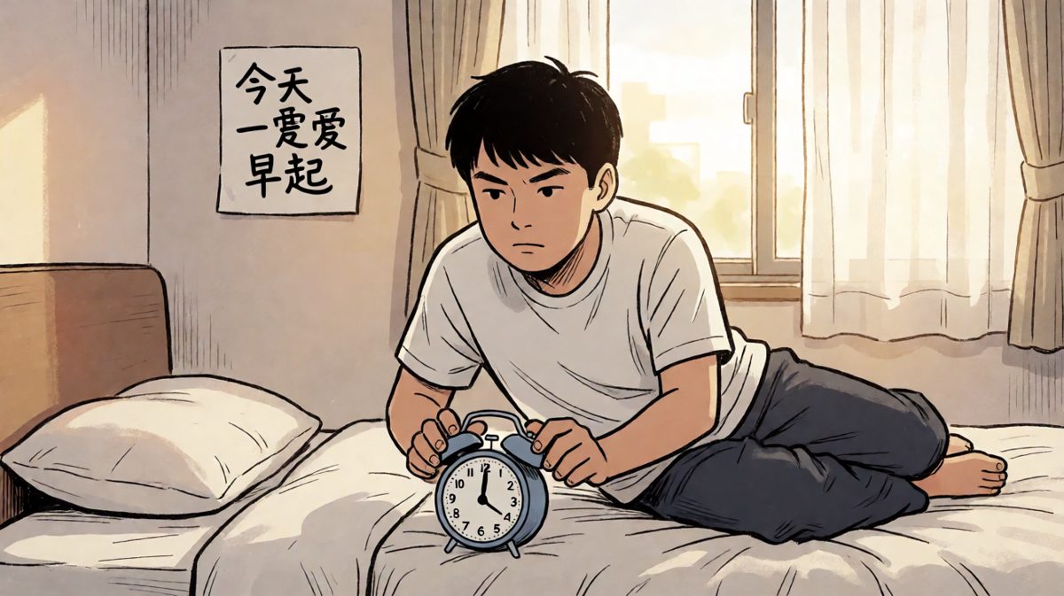 闹钟响起，主角咬牙切齿地发誓今天绝不赖床