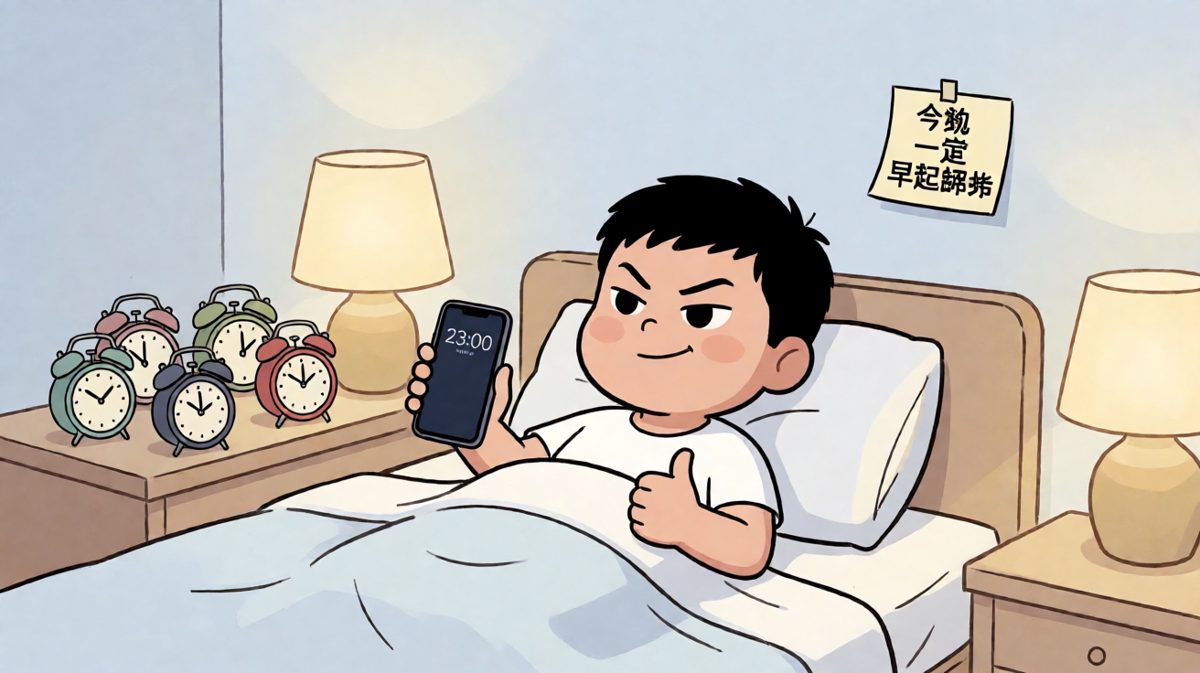 深夜立下flag，小王信心满满地设好5个闹钟准备明天早起跑步。
