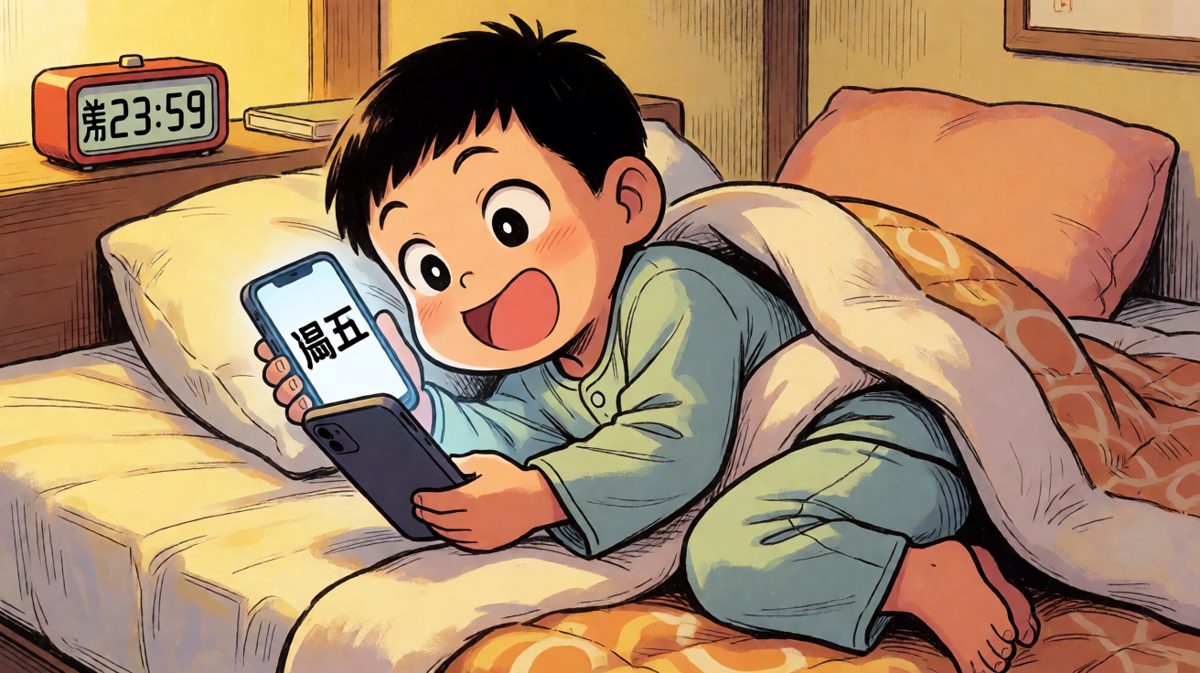周五深夜，小明还醒着刷手机。