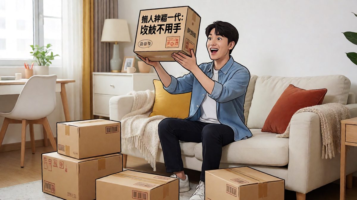 主角收到网购的懒人神器快递，兴冲冲拆开展示给读者看